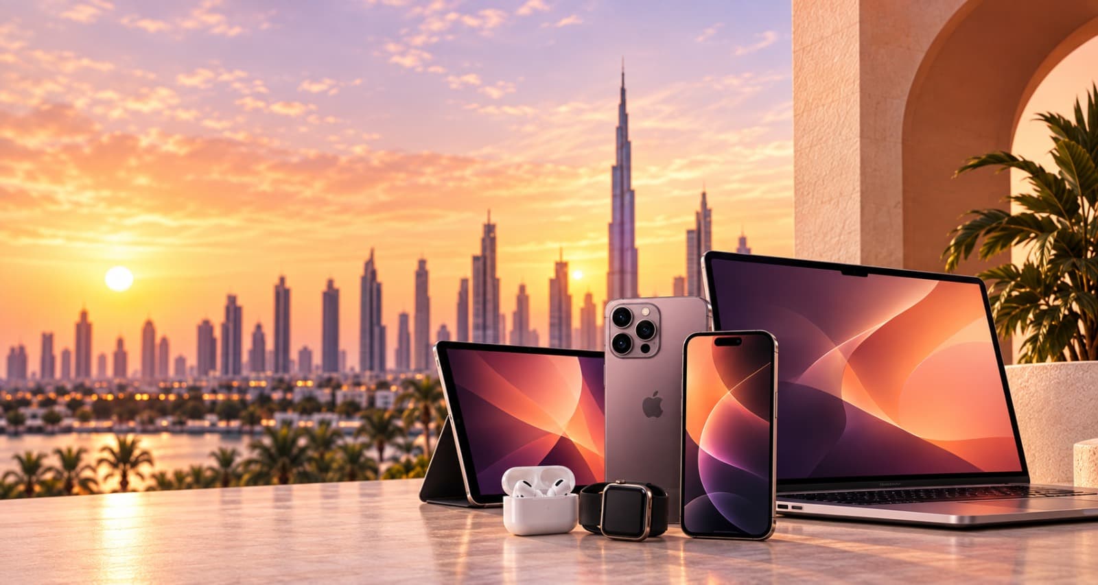 An iPhone, iPad, MacBook, Apple Watch and AirPods on a table, with the Dubai skyline at sunset behind them