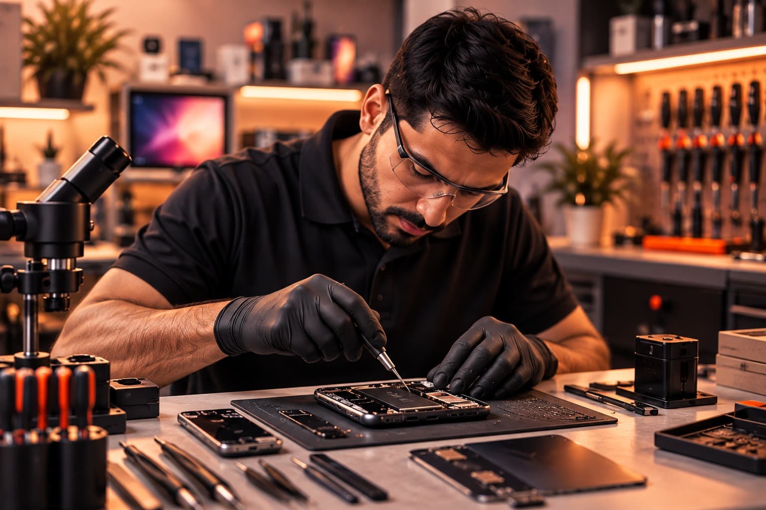 A Mobidoctor technician repairing a device at the Deira workshop bench